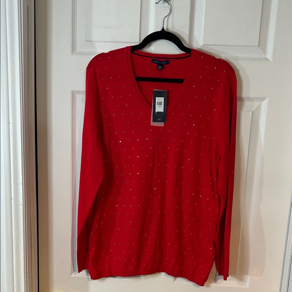 NWT Tommy Hilfiger Red V-Neck Sweater with Stud Accents Size XL